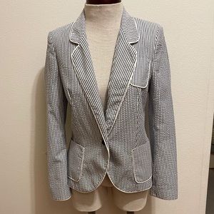 Zara Navy and White Striped Seersucker Blazer
